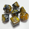 A set of seven polyhedral acrylic dice showing various numbers and colors on a white surface.