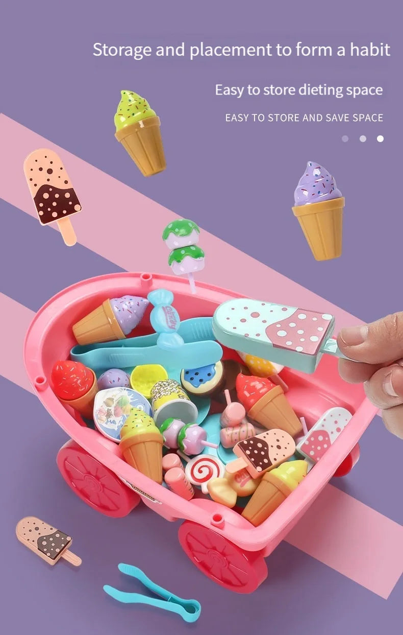 A pink ice cream truck playset filled with various pretend ice cream treats and accessories for kids.