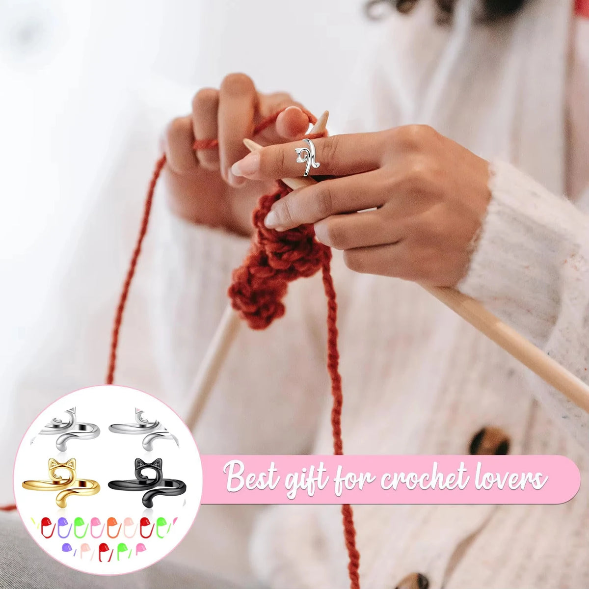 Hands crafting a red yarn with an adjustable cat-ear ring for knitting and crochet