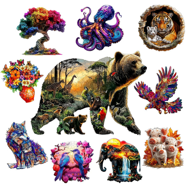 Bunte Tiere und Naturszenen mit Baum, Meeresbewohner, Tiger, Bären, Elefanten und andere Wildtiere