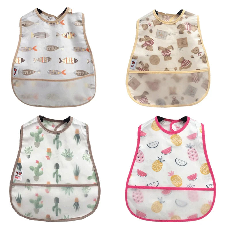 A collection of four cartoon pattern waterproof baby bibs for toddlers featuring various designs.