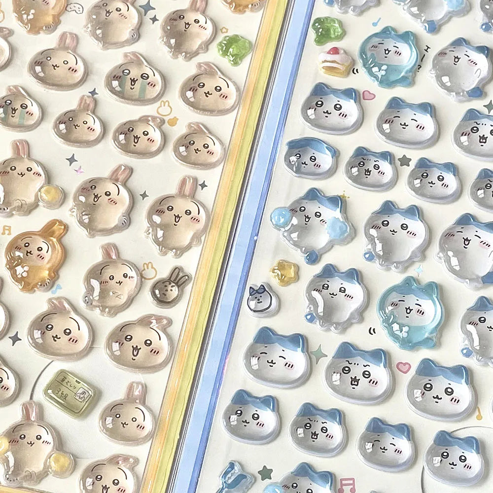 A collection of cute 3D jelly stickers featuring various cat faces in pastel and translucent colors.