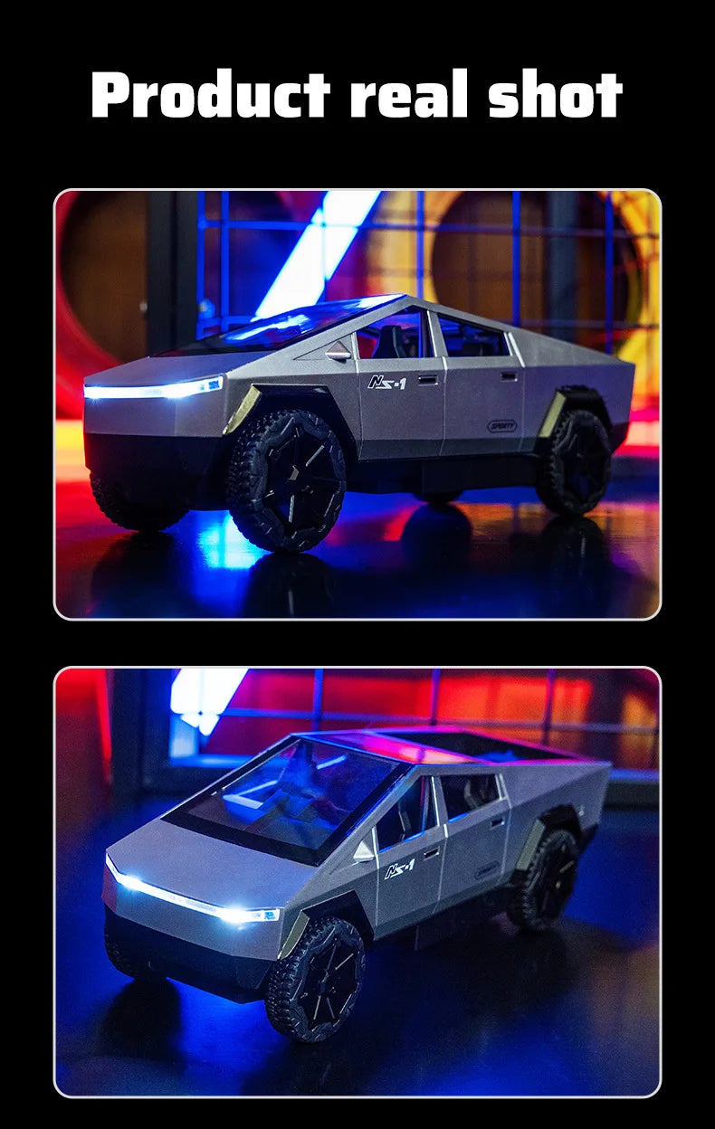 A gray high-speed off-road RC cyber truck with blue LED lights is shown in a studio setting.
