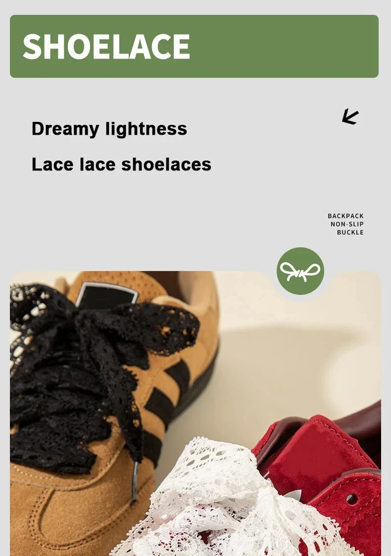 Close-up of brown suede shoes with black lace shoelaces and a white lace detail.