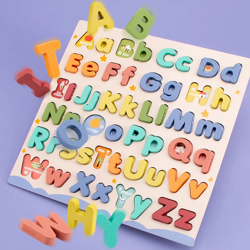 A wooden alphabet puzzle set featuring uppercase and lowercase letters in various colors.