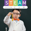 A young boy in a lab coat is conducting a science experiment with various glass vials and beakers on a wooden table.