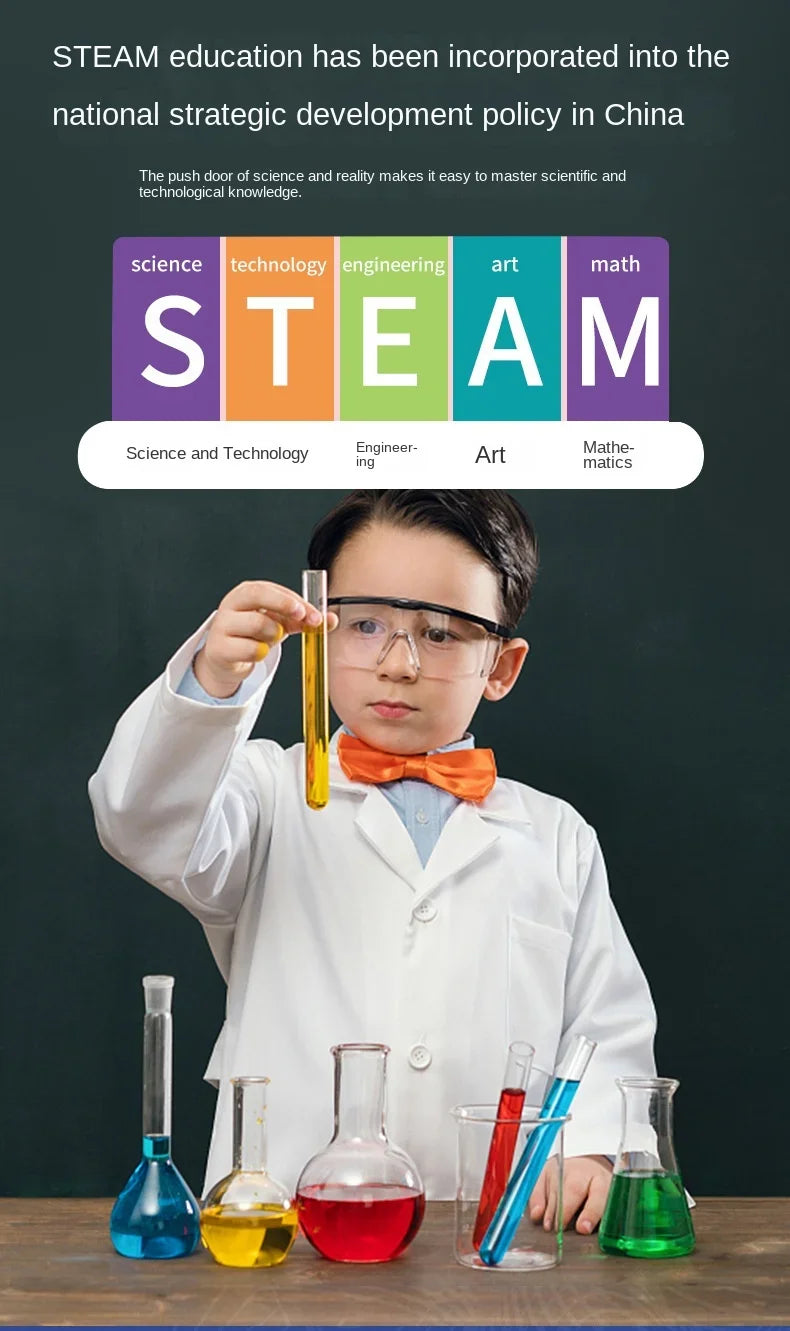 A young boy in a lab coat is conducting a science experiment with various glass vials and beakers on a wooden table.