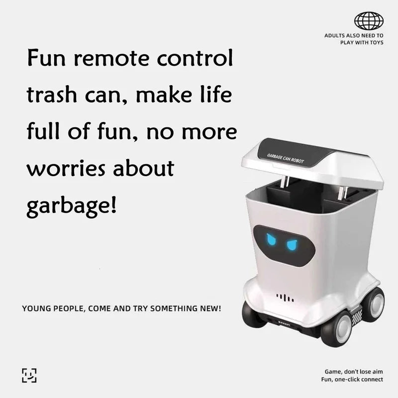 A white remote control trash can toy with a lid is shown on a white background.