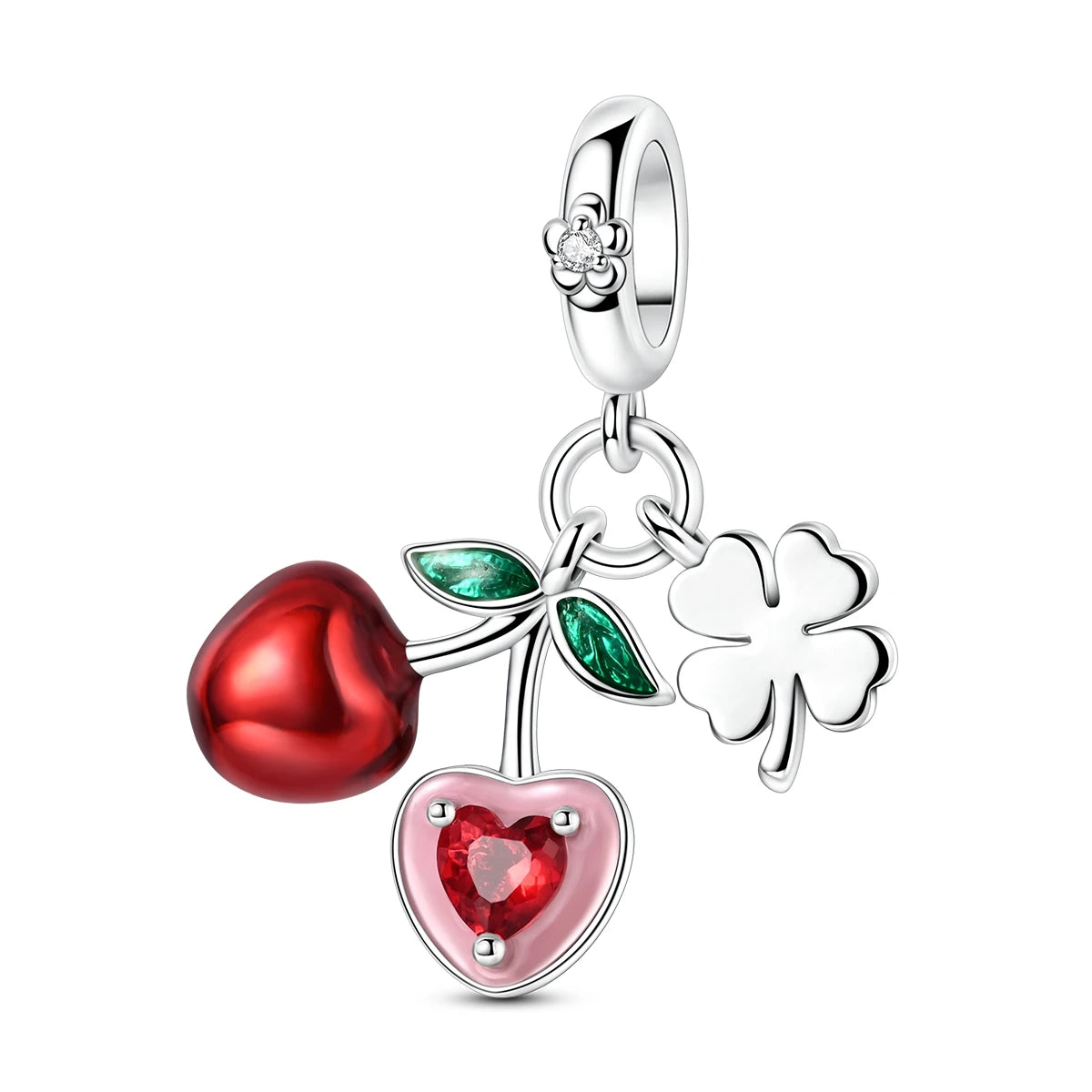 A set of three fruit charm beads made of 925 sterling silver with zircon stones, including a heart, a leaf, and a clover.