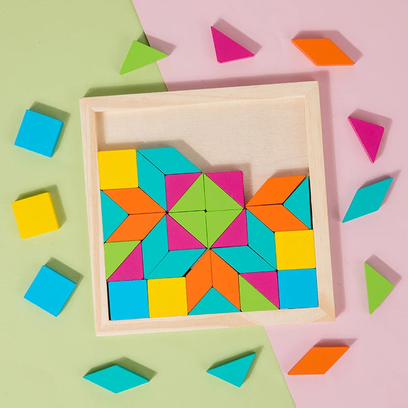 A wooden geometric shape puzzle featuring colorful triangles and squares arranged in a frame on a pink background.