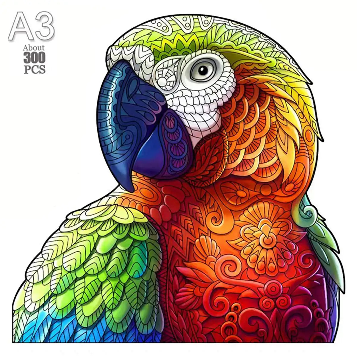 A colorful wooden animal puzzle set featuring a bird with intricate patterns and feathers.