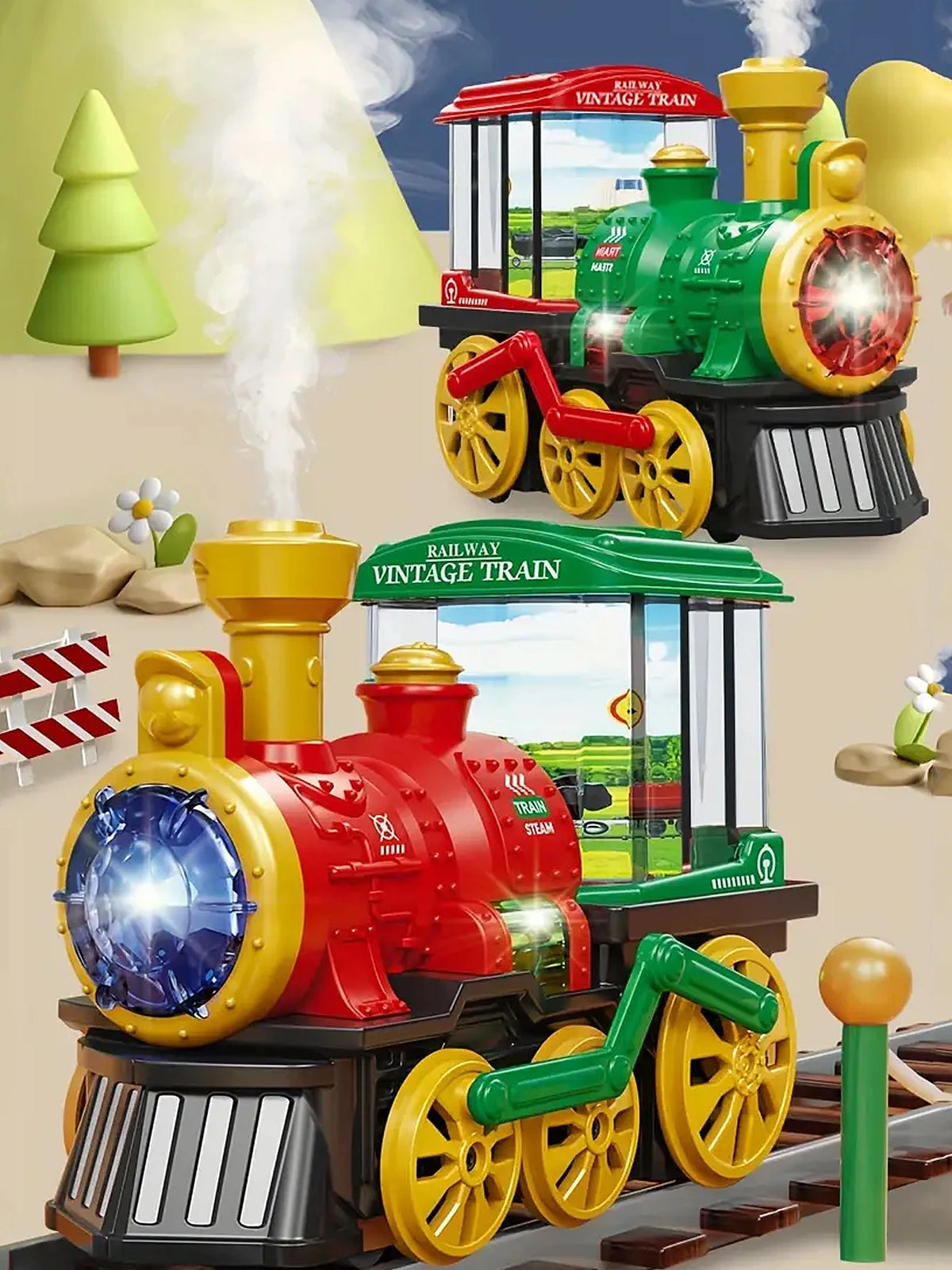 A red and yellow electric steam train truck with lights and wheels on a track.