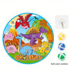 A circular dart board game featuring dinosaur figures and colored balls for kids