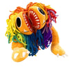 A colorful lion stuffed animal plush toy with bright yellow fur and striped mane.
