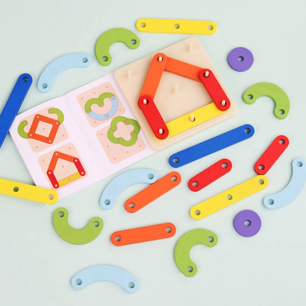 A colorful wooden geoboard set with various colored pegs and a frame on a light background.