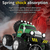 A green RC off-road truck with an alloy chassis is shown in a rugged terrain setting, highlighting its spring shock absorptio