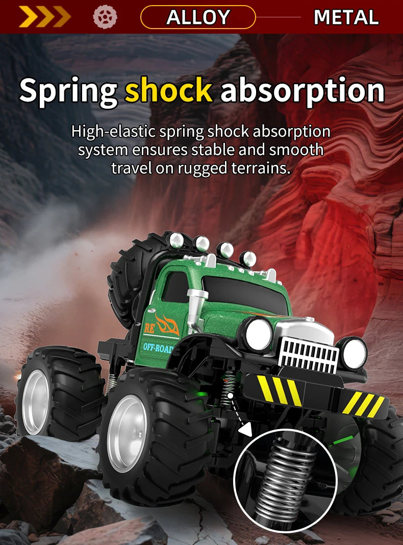 A green RC off-road truck with an alloy chassis is shown in a rugged terrain setting, highlighting its spring shock absorptio