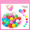 A bag filled with 50 colorful plastic balls, including pink, blue, green, and yellow varieties.