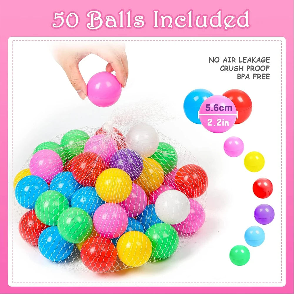 A bag filled with 50 colorful plastic balls, including pink, blue, green, and yellow varieties.