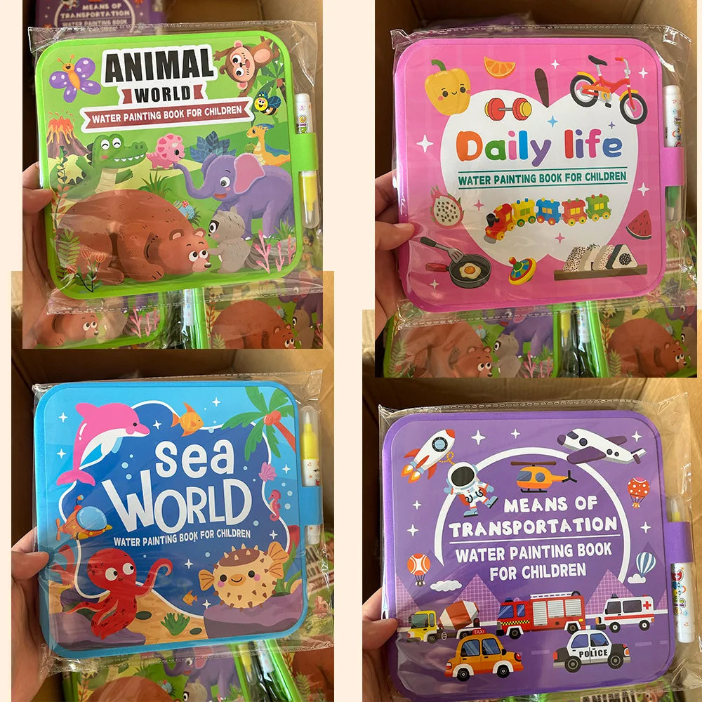 A set of three reusable water painting books for children featuring animal, sea, and daily life themes.
