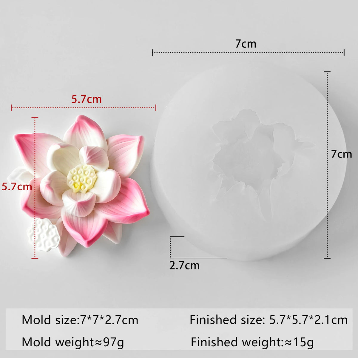 A white silicone mold with a pink multi-flower design and accompanying measurements for crafting.