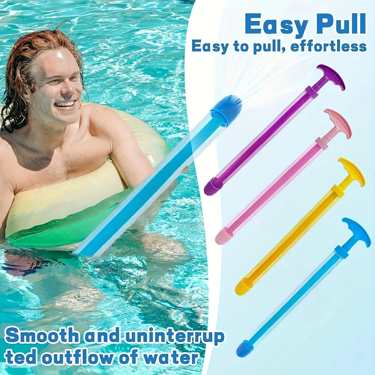 A man floating in water with a colorful, easy-pull water spray toy set featuring four different colored nozzles.