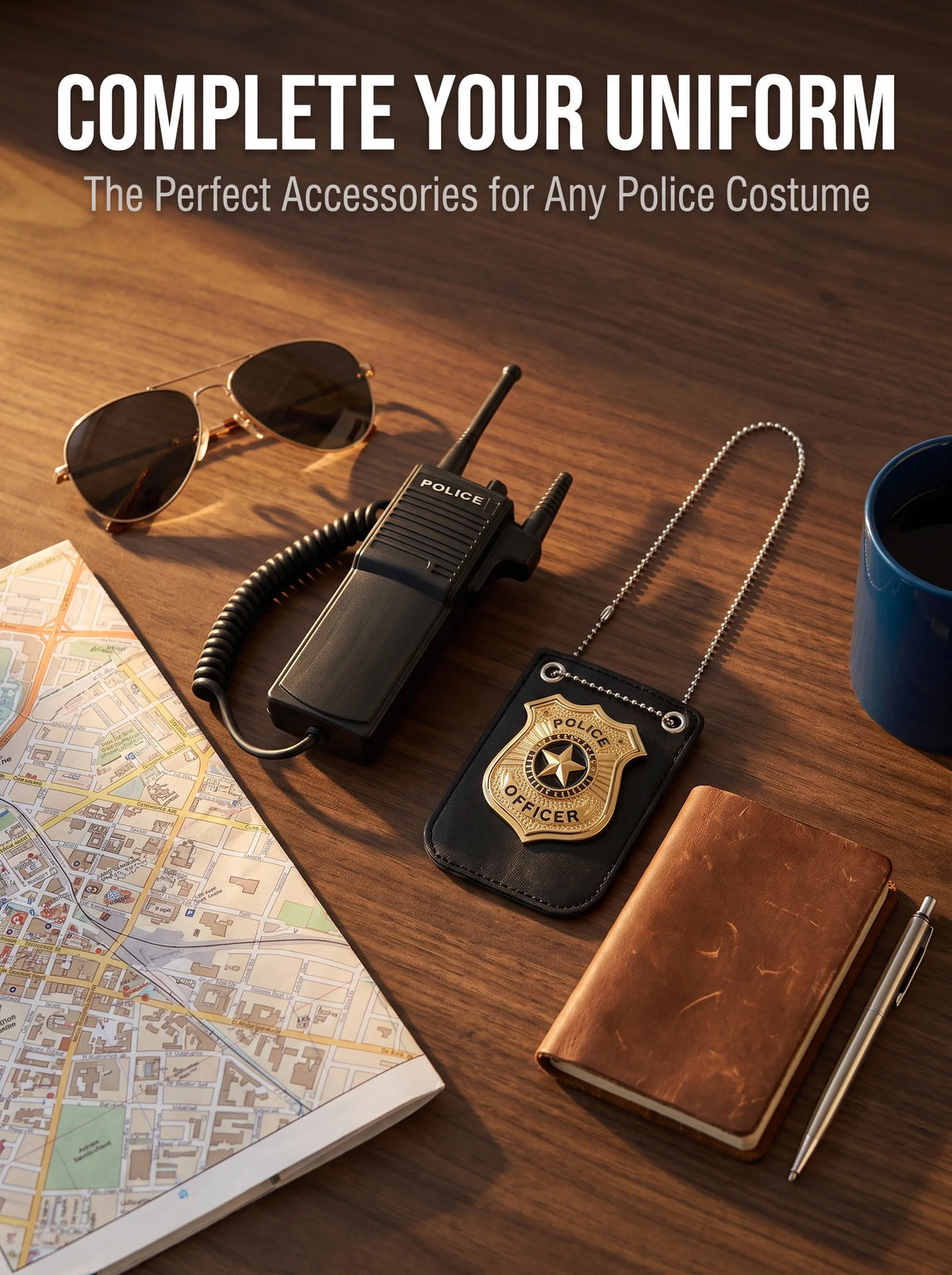 A set of police costume accessories including sunglasses, a walkie-talkie, and an officer badge on a map.