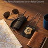 A set of police costume accessories including sunglasses, a walkie-talkie, and an officer badge on a map.