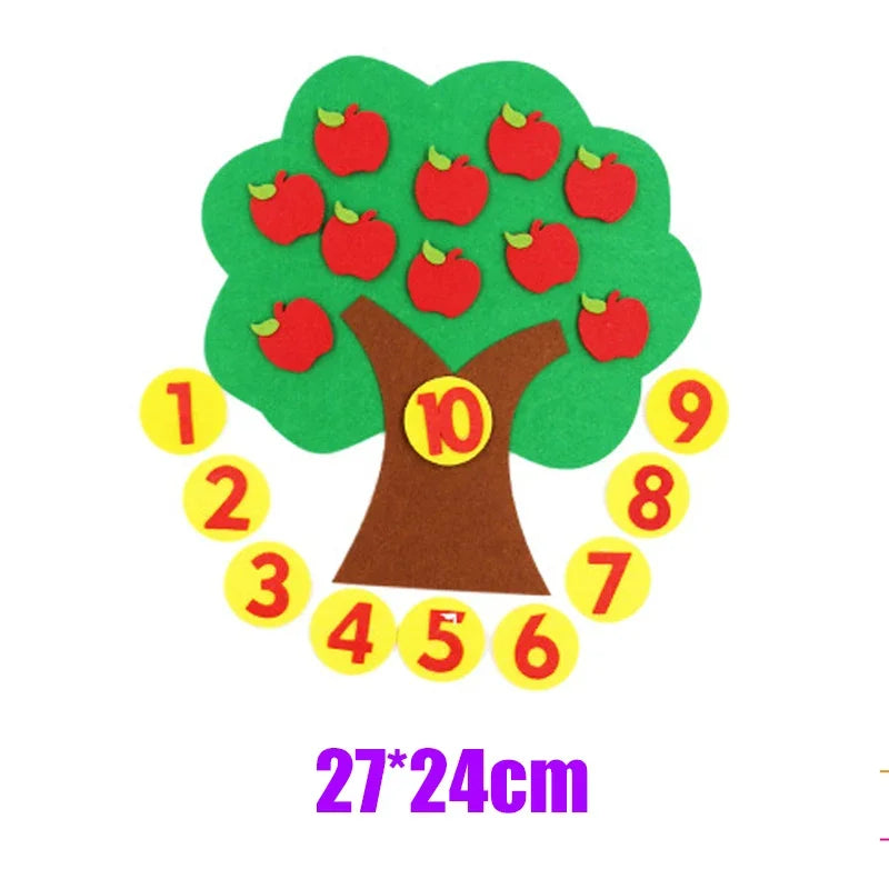 Interactive felt number math toy showing numbers 1 through 10 on a tree shape