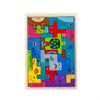 A colorful wooden tangram puzzle set featuring various shapes representing animals, vehicles, and sea life.