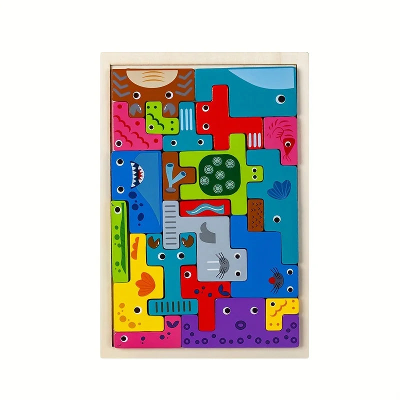 A colorful wooden tangram puzzle set featuring various shapes representing animals, vehicles, and sea life.