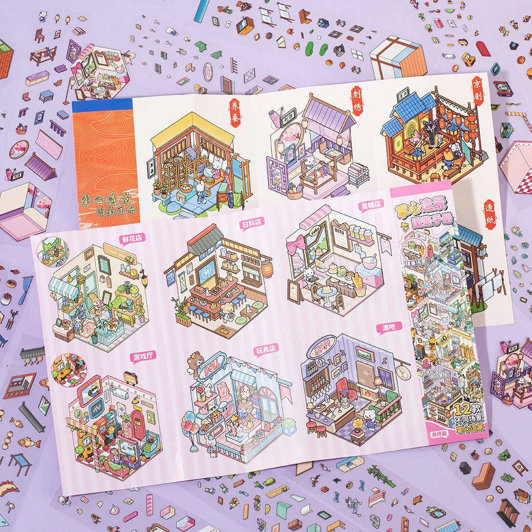 A collection of 12 stickers depicting various Japanese-style buildings and landscapes on a light purple background.