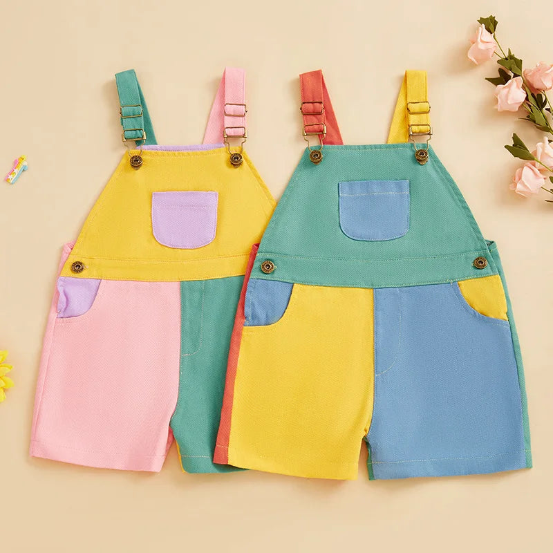 A set of summer contrast color overalls for toddlers in yellow, pink, and teal colors.