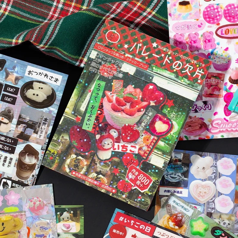 A collection of retro Japanese style stickers and decorative items for scrapbooking and journaling