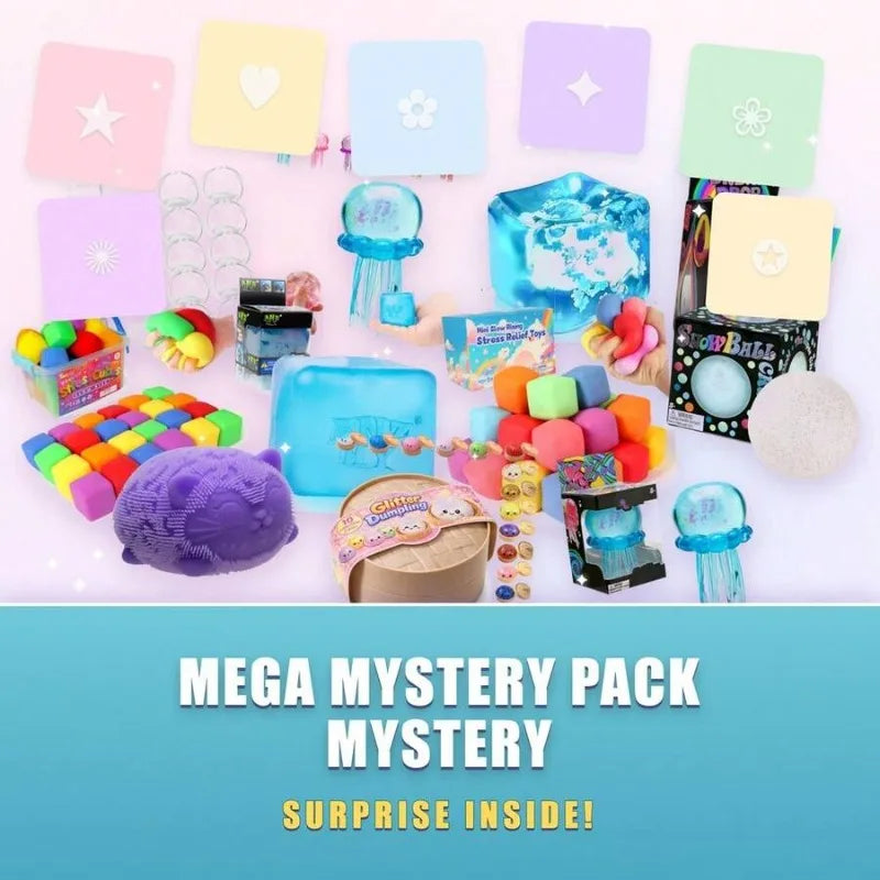 A collection of cute squishy toys and blind box surprises in various colors and designs.