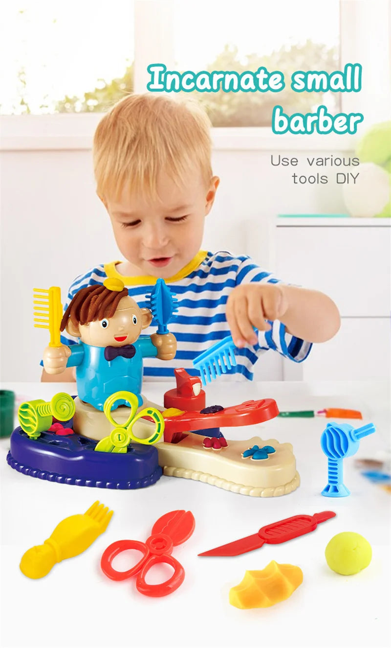 A toddler plays with a small barber kit featuring various tools like scissors and combs on a white table.
