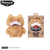 A fluffy orange cat plush toy with exaggerated features and a striped pattern.