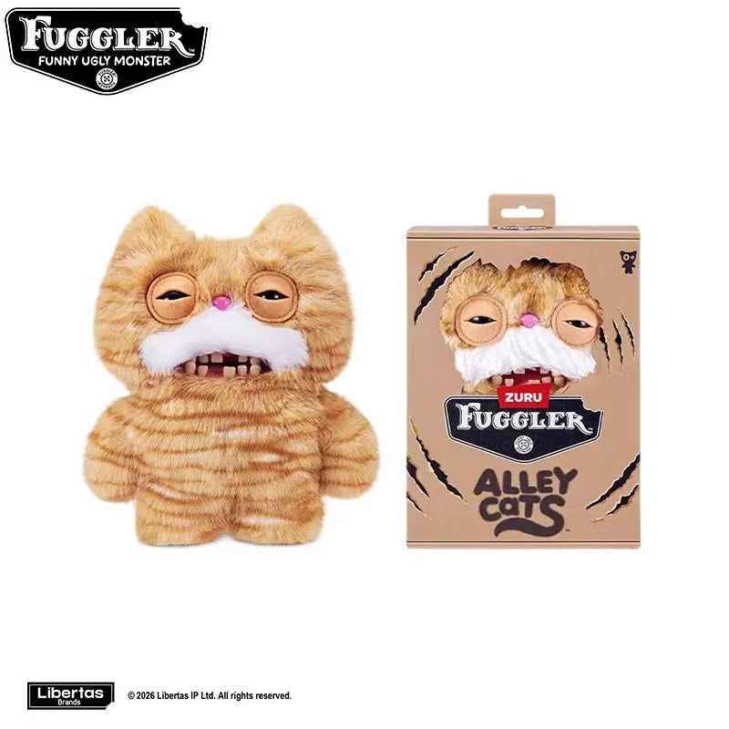 A fluffy orange cat plush toy with exaggerated features and a striped pattern.