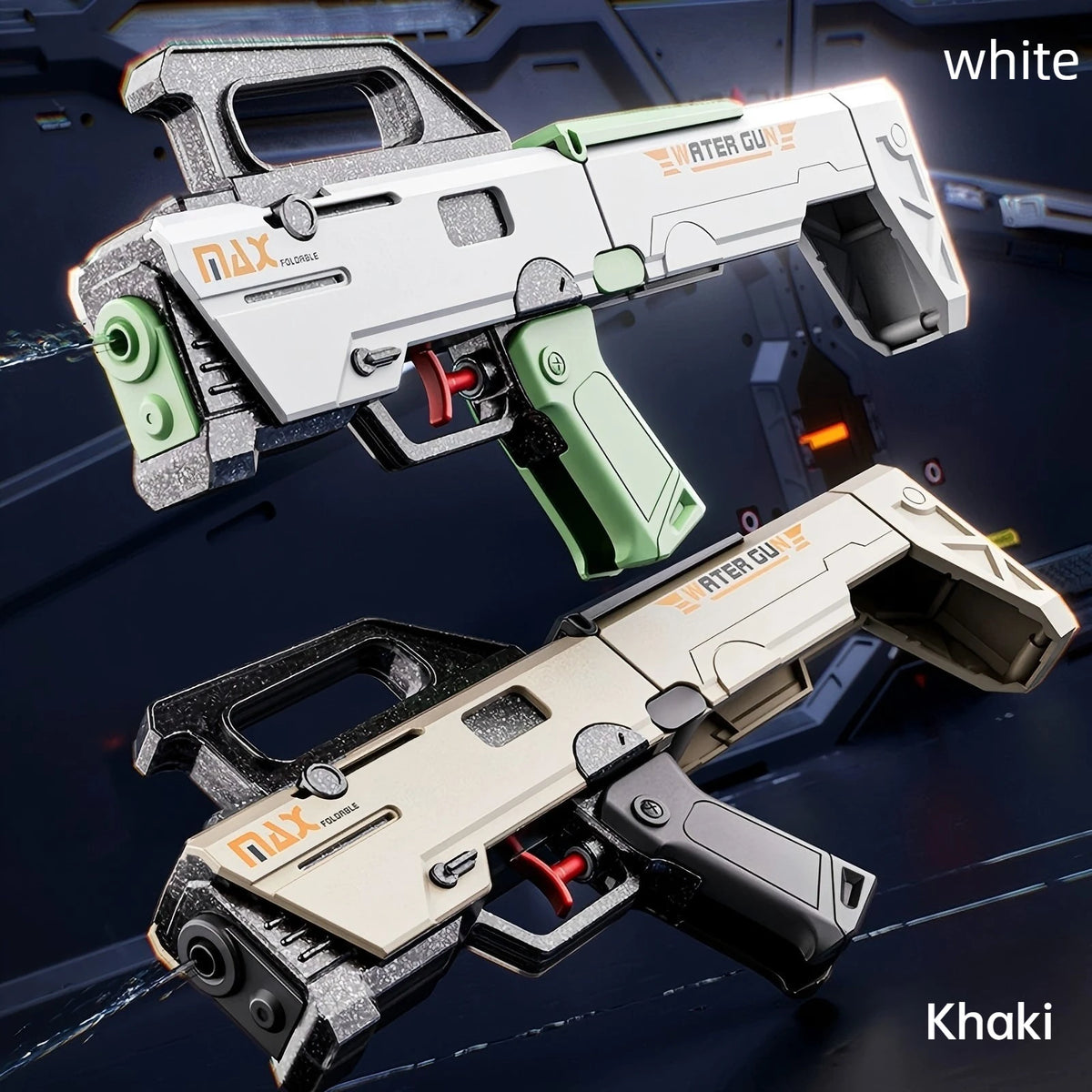 A white folding submachine water gun and a khaki version are displayed against a dark background.