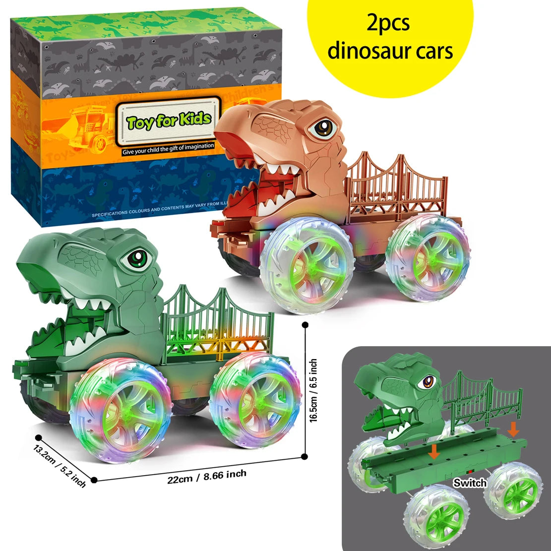 Dinosaur Monster Truck with Glowing LED Wheels – 2-Pack