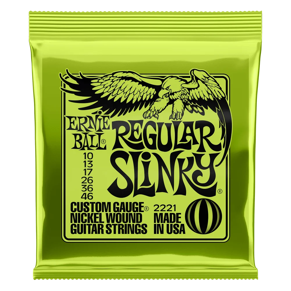A package of Ernie Ball Regular Slinky nickel wound electric guitar strings in a yellow foil pouch.