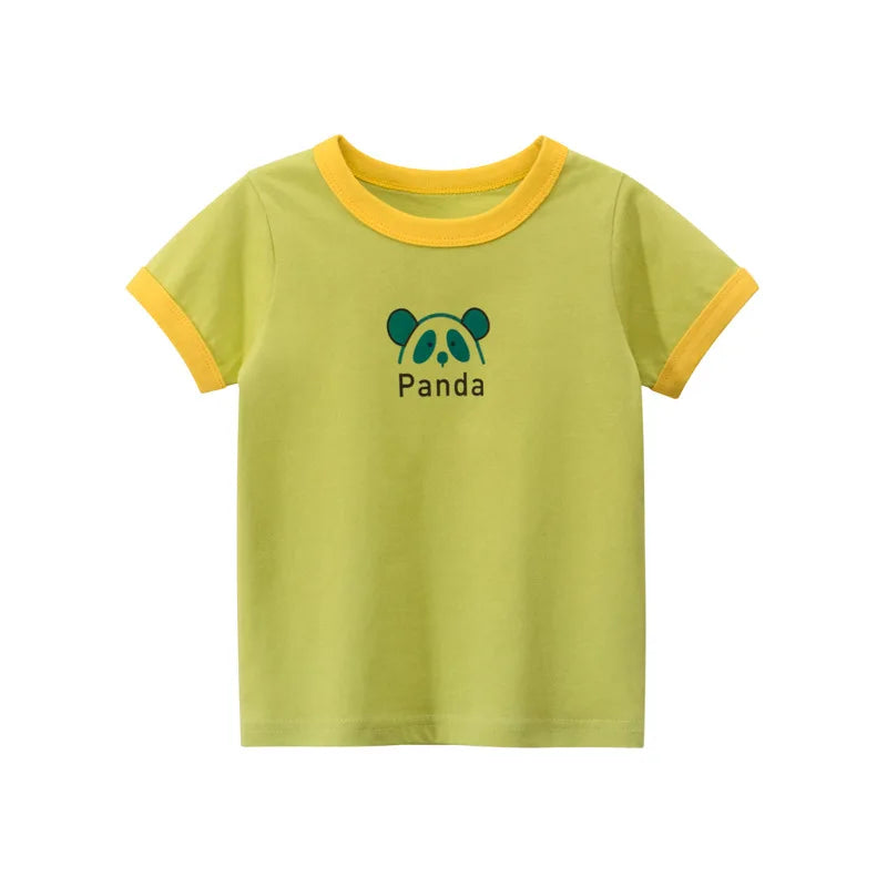 A lime green short-sleeve t-shirt for girls featuring a cute panda graphic on the chest.