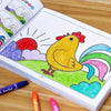 A colorful drawing and coloring book page featuring a yellow chicken with a red comb on a green field.