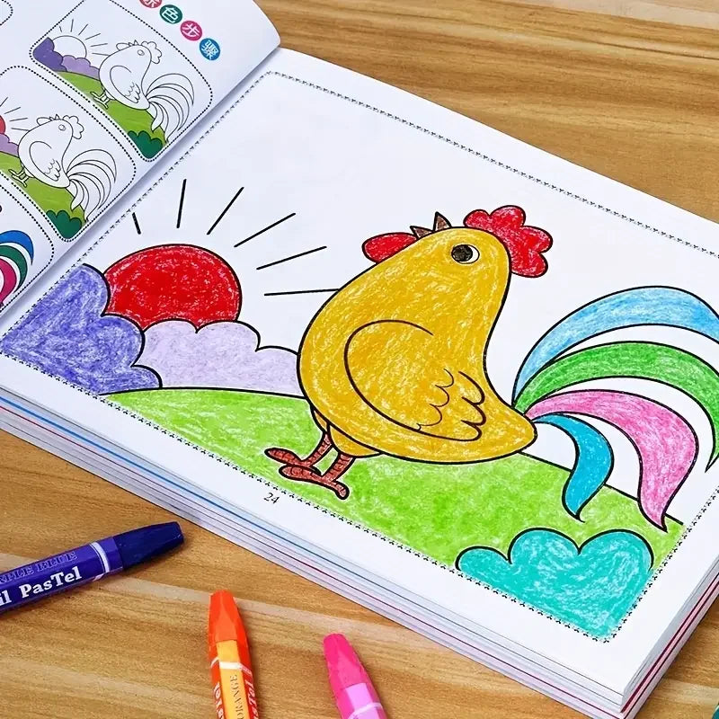 A colorful drawing and coloring book page featuring a yellow chicken with a red comb on a green field.