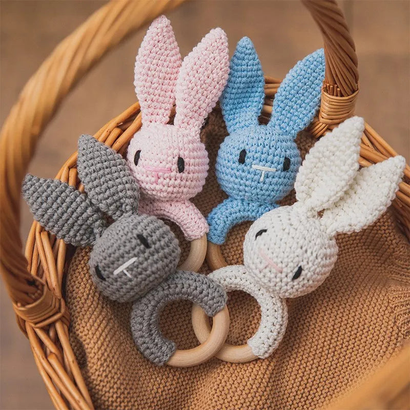 Crochet Bunny Rattle & Teether Toy with Wooden Ring