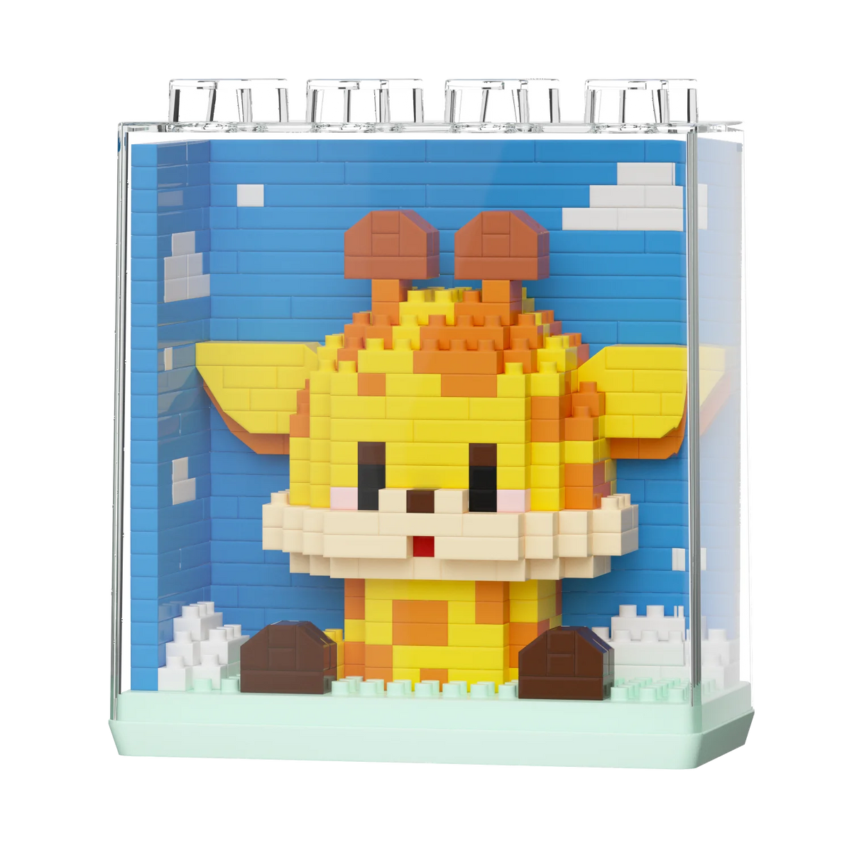 A set of adorable panda micro building blocks displayed in a clear plastic box against a blue background.