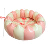 An inflatable round toddler pool with pink and white stripes, showing dimensions of 25cm, 48cm, and 75cm.