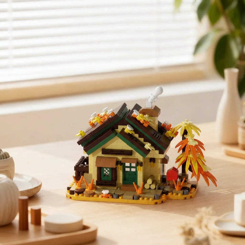 A miniature forest cabin building block set featuring a house, greenhouse, and windmill on a wooden surface.