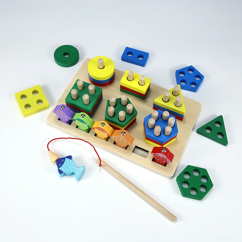 A wooden fishing game set featuring various geometric shape blocks and wooden fishing rods for toddlers.