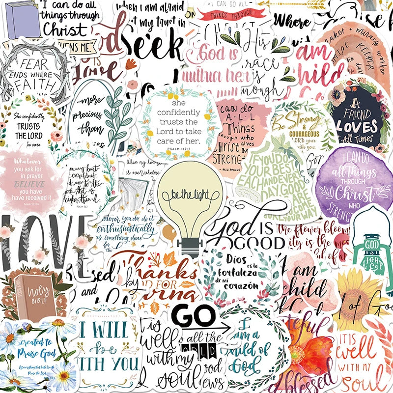 A collection of aesthetic Jesus Bible stickers featuring various scriptures and inspirational phrases for laptops, diaries, a